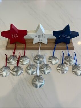 12 Silver Scallop Shells with Red, White & Blue Ribbon - July 4th Decorations